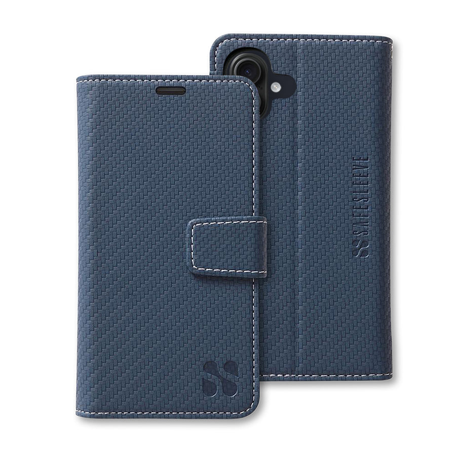 Blue textured SafeSleeve detachable phone case for iPhone 16 series with a magnetic flap and protective design.