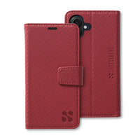 Red textured SafeSleeve detachable phone case for iPhone 16 series with a magnetic flip cover and cutouts for camera and ports.