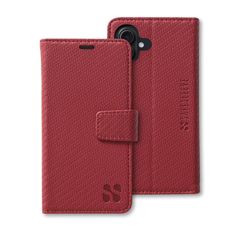Red textured SafeSleeve detachable phone case for iPhone 16 series with a magnetic flip cover and cutouts for camera and ports.