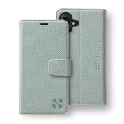 Light blue detachable phone case for iPhone 16 series featuring a textured design and magnetic closure.