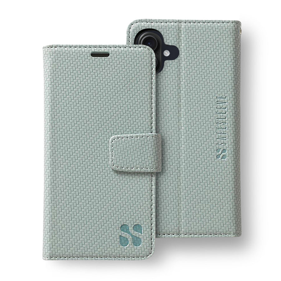 SafeSleeve detachable phone case for iPhone 16 series with textured fabric design and secure magnetic closure.