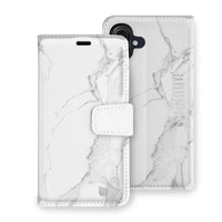 White marble pattern detachable phone case and wallet for iPhone 16 series, with secure magnetic closure and slim design.