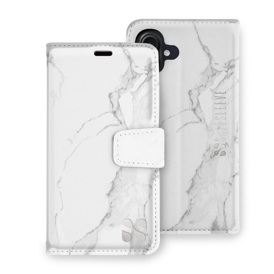 White marble pattern detachable phone case and wallet for iPhone 16 series, with secure magnetic closure and slim design.