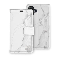 White marble-patterned SafeSleeve detachable case for iPhone 16 series, featuring a secure closure and camera cutout.