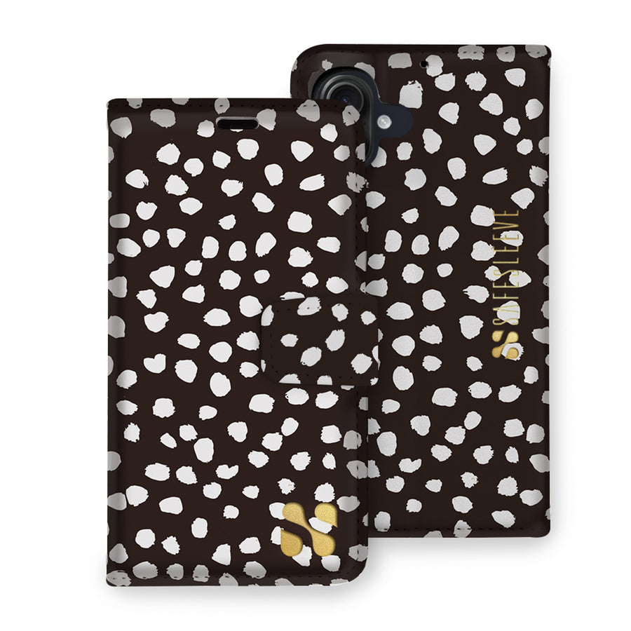 Detachable SafeSleeve phone case with black and white polka dot design for iPhone 16 series, featuring a fold-over cover and logo.