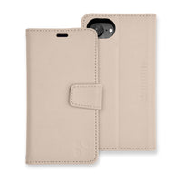 Beige protective flip cover for iPhone 16 series including 16, 16 Plus, 16 Pro, 16 Pro Max, and 16e with a magnetic clasp and camera cutout.