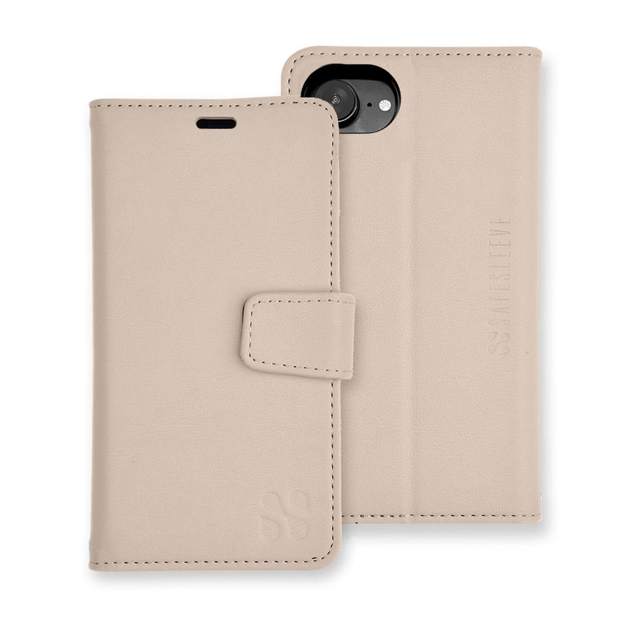 Beige detachable SafeSleeve phone case for iPhone 16 series with a magnetic flap and protective design.