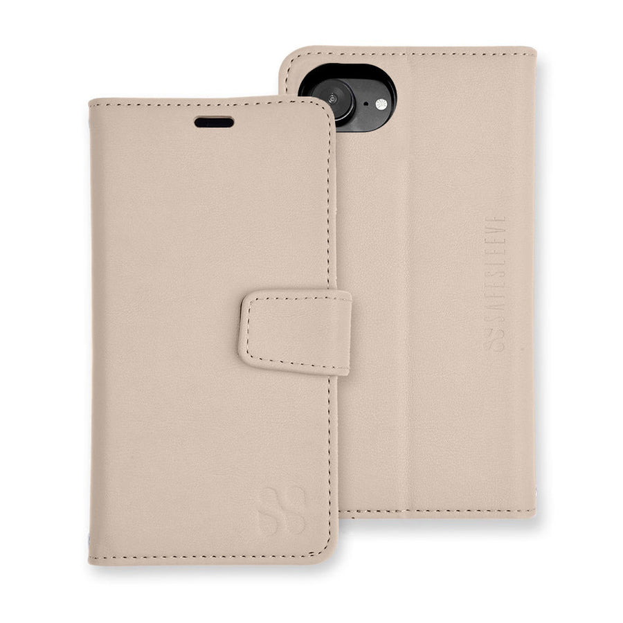 SafeSleeve Detachable case for iPhone 16 Series in beige, featuring a foldable design and magnetic closure.