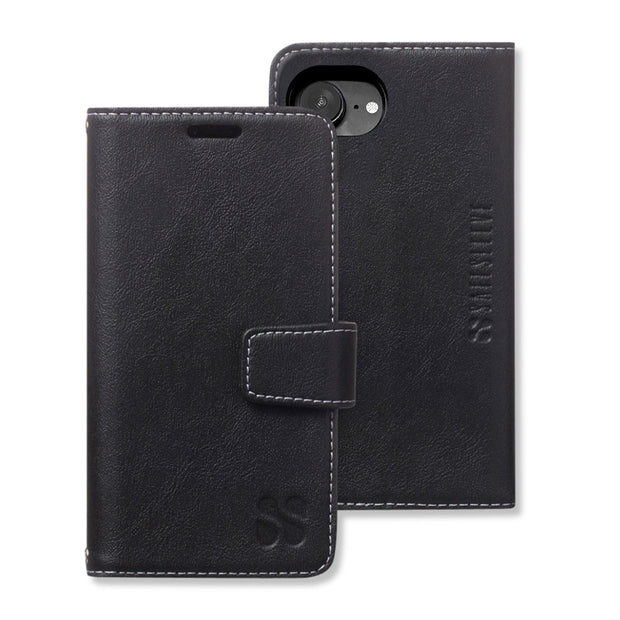 Black antimicrobial phone case for iPhone 16 series, featuring a foldable design and secure magnetic closure.