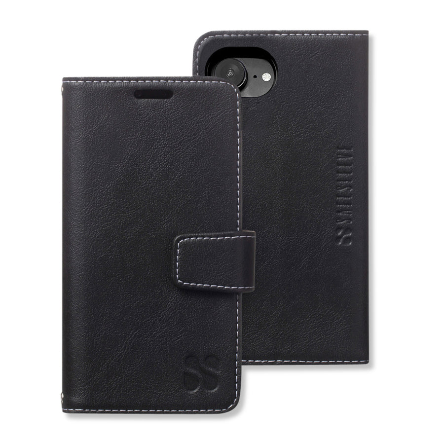 Black leather phone case with a magnetic clasp, designed for iPhone 16 series, featuring antimicrobial protection and precise camera cutout.