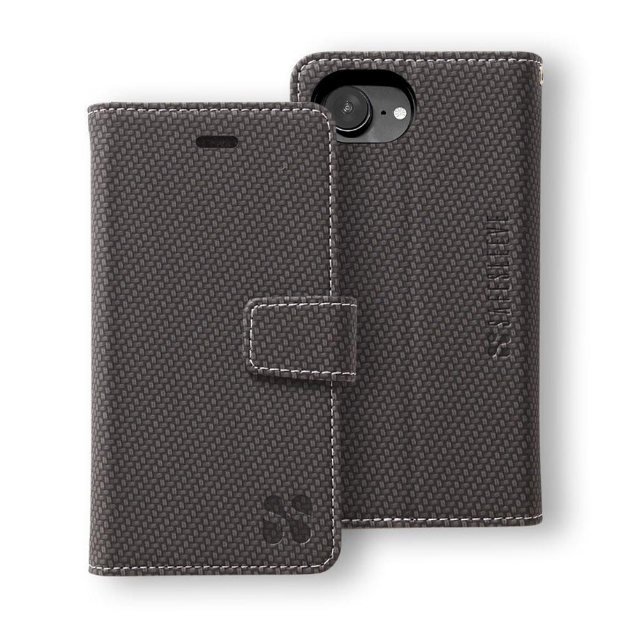 Black textured SafeSleeve detachable phone case for iPhone 16 series with a magnetic flip cover and protective design.