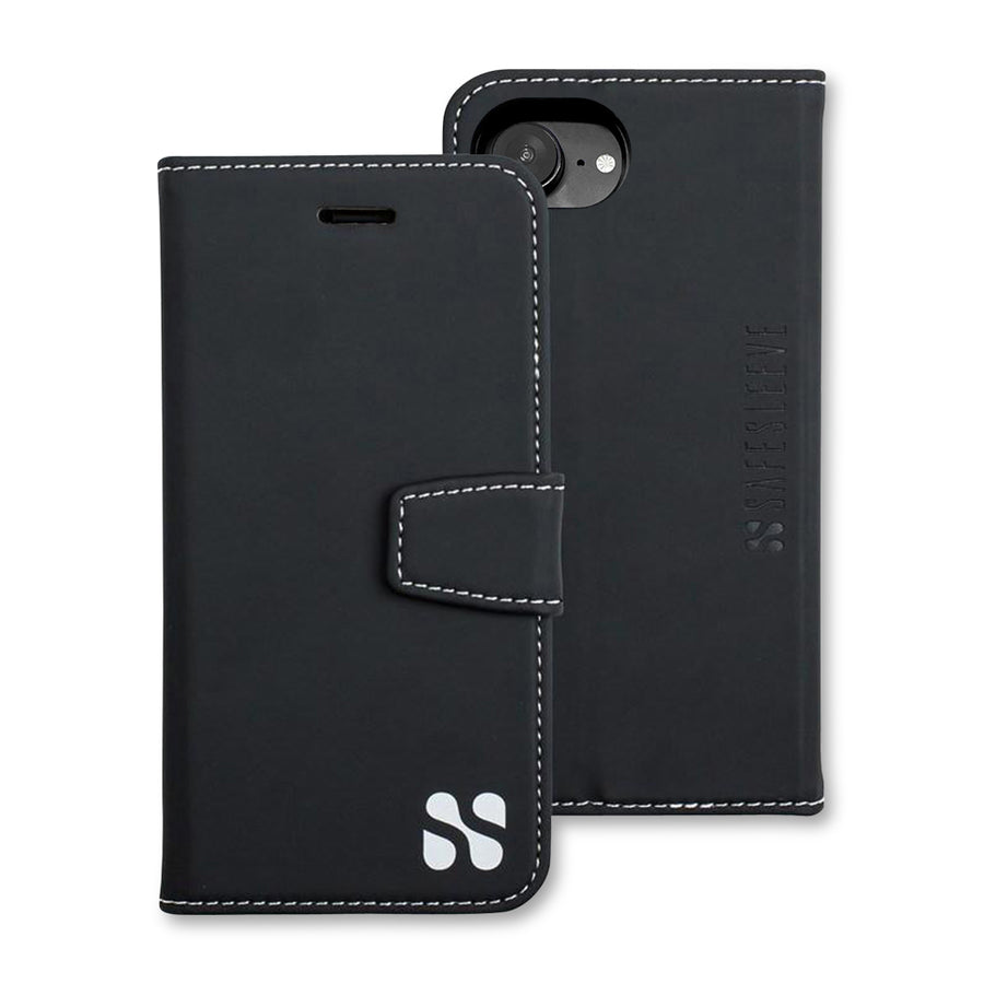 Black leather SafeSleeve phone case with white stitching and logo, designed for iPhone 16 series models.