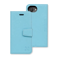 Blue protective flip cover case for iPhone 16 series with a magnetic clasp and textured surface.