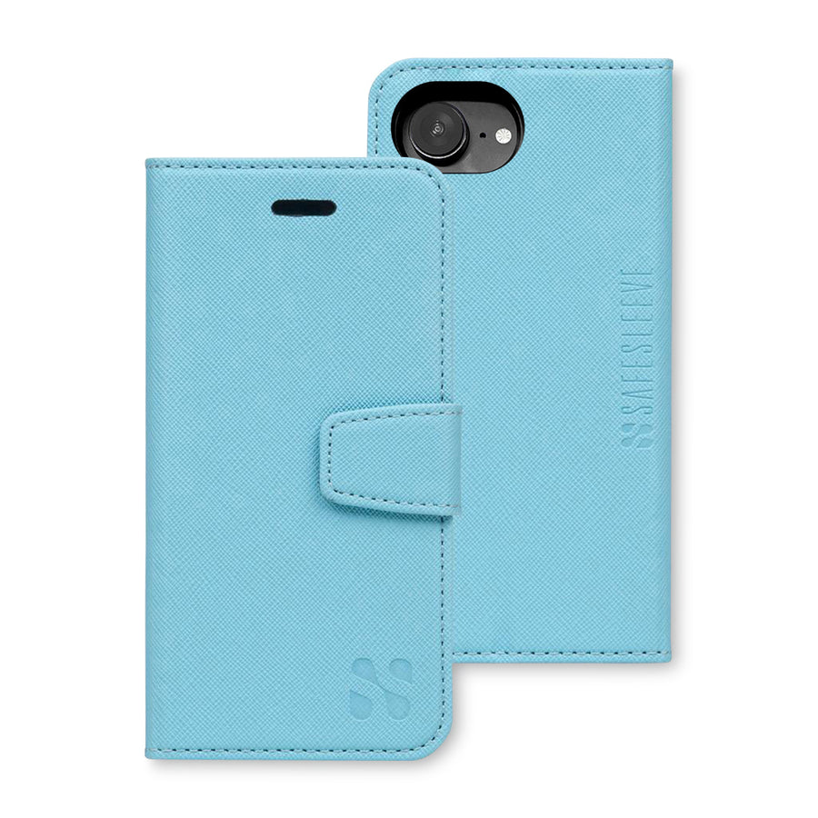 Blue protective flip cover case for iPhone 16 series with a magnetic clasp and textured surface.