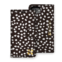 Detachable SafeSleeve phone case with black and white polka dot design for iPhone 16 series models, including Plus, Pro, and Max.