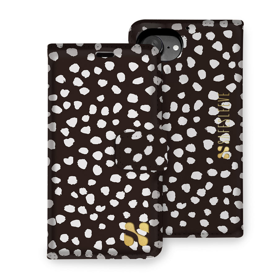 Detachable SafeSleeve phone case with black and white polka dot design for iPhone 16 series models, including Plus, Pro, and Max.