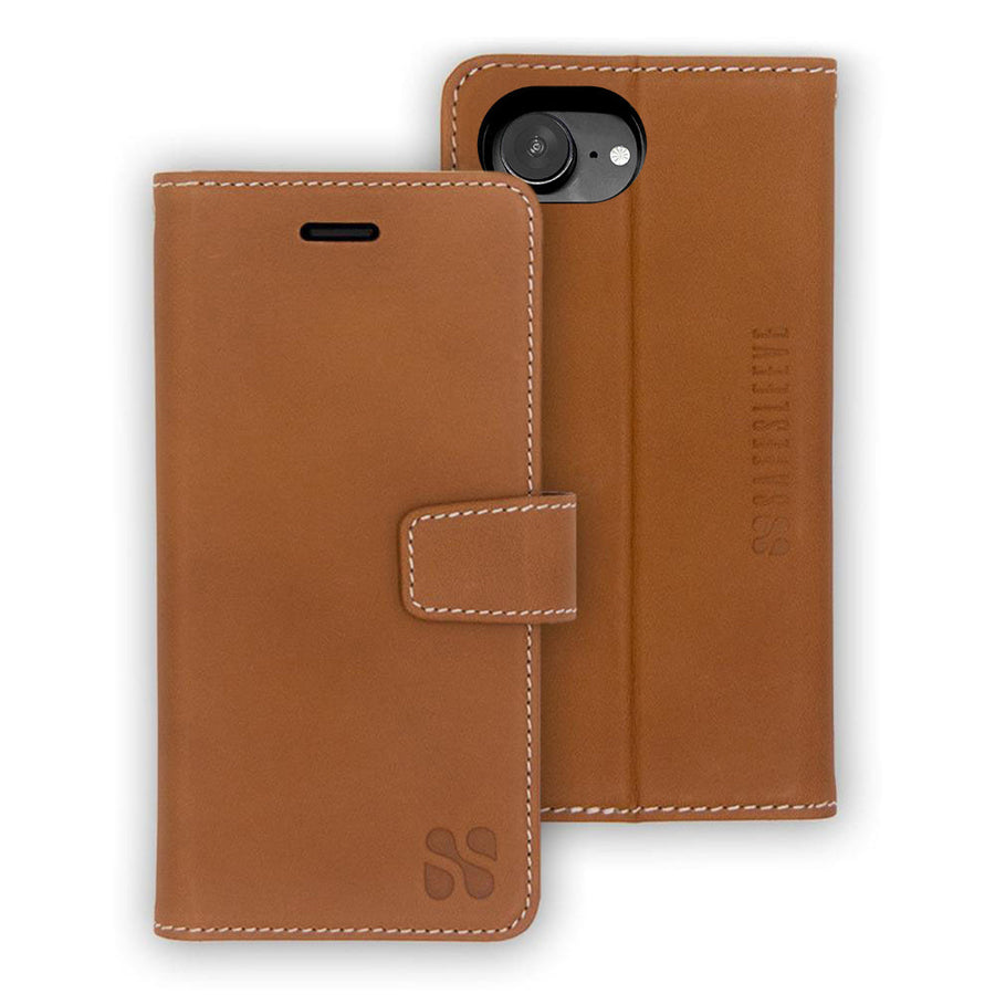 Brown leather SafeSleeve case for iPhone 16 Series, featuring a magnetic closure and camera cutout.