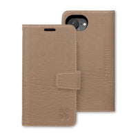 Beige antimicrobial phone case with a flip cover designed for iPhone 16 series, featuring a camera cutout and embossed brand logo.