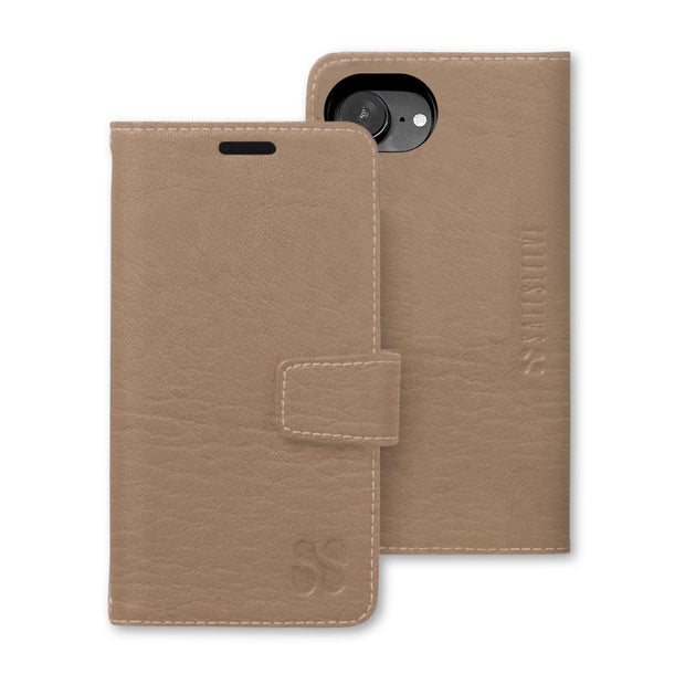 SafeSleeve Antimicrobial phone case for iPhone 16 Series in beige, featuring a flip cover and camera cutout.