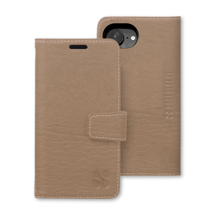 SafeSleeve Antimicrobial phone case for iPhone 16 Series in beige, featuring a flip cover and camera cutout.
