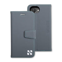 Gray protective wallet case for iPhone 16 series with a magnetic flap and stitched edges, featuring the SafeSleeve logo.