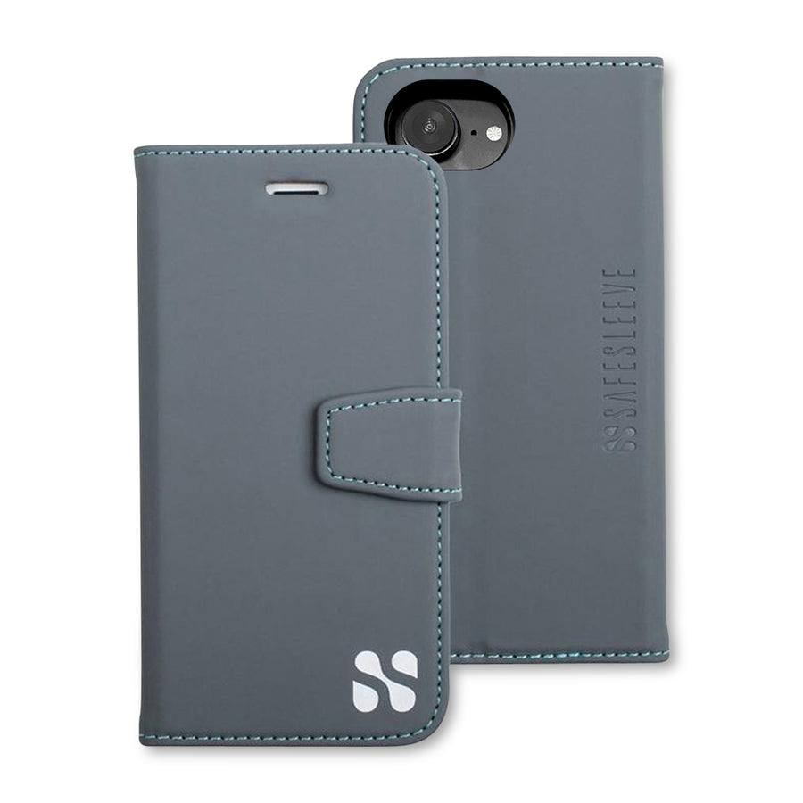 Gray protective wallet case for iPhone 16 series with a magnetic flap and stitched edges, featuring the SafeSleeve logo.