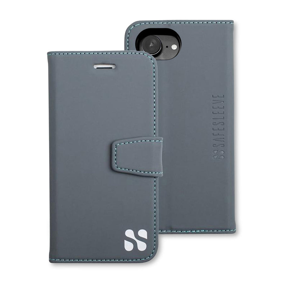 SafeSleeve case for iPhone 16 Series featuring a sleek gray design with a magnetic closure and logo detail.