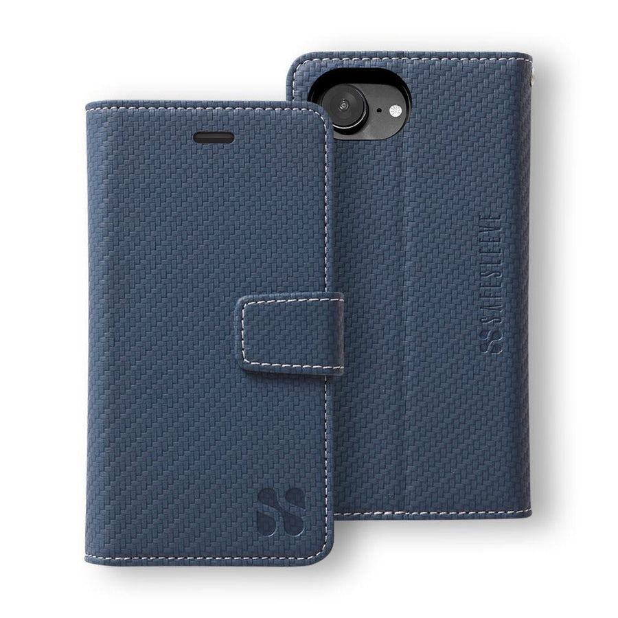 SafeSleeve Detachable case for iPhone 16 Series, featuring a sleek blue design with a magnetic closure and camera cutout.