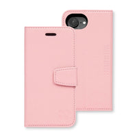 Pink protective flip cover case for iPhone 16 series with a magnetic clasp and embossed SafeSleeve logo.