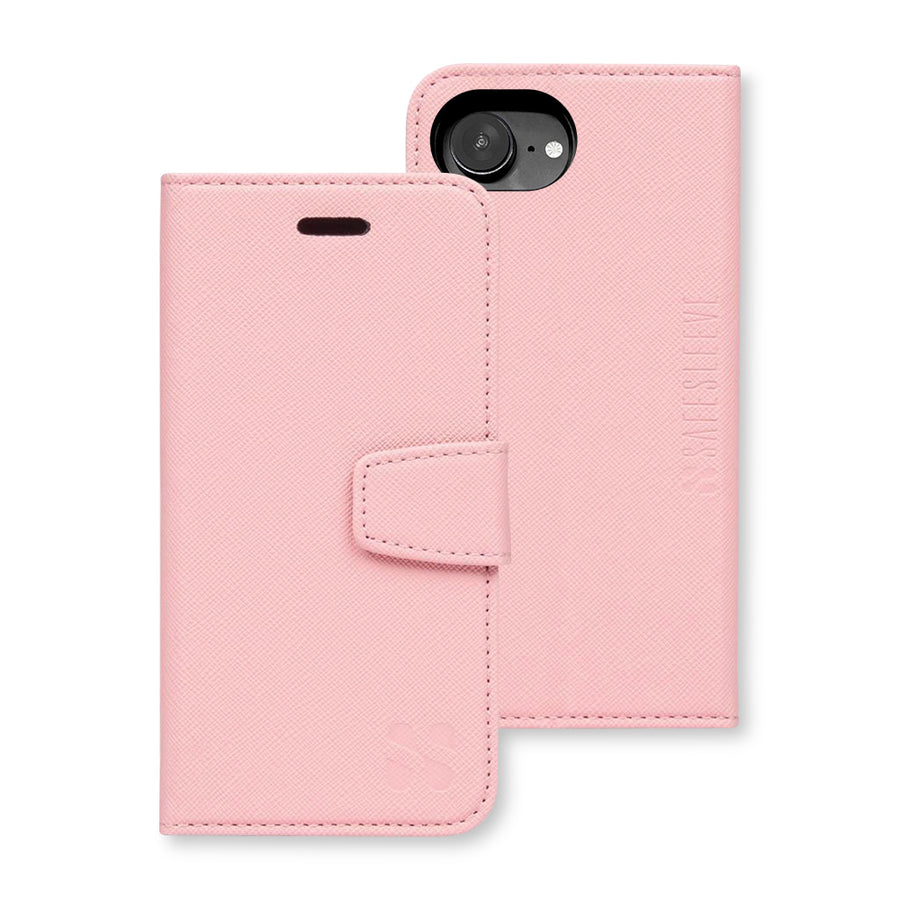 Pink protective flip cover case for iPhone 16 series with a magnetic clasp and embossed SafeSleeve logo.