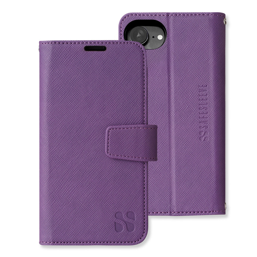 Purple protective phone case with wallet features for iPhone 16 series, including a flip cover and card slot.