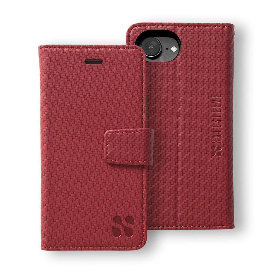 Red SafeSleeve detachable case for iPhone 16 series, featuring a textured design and magnetic closure for protection.