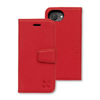 Red protective flip cover case for iPhone 16 series with RFID shielding and secure magnetic closure.