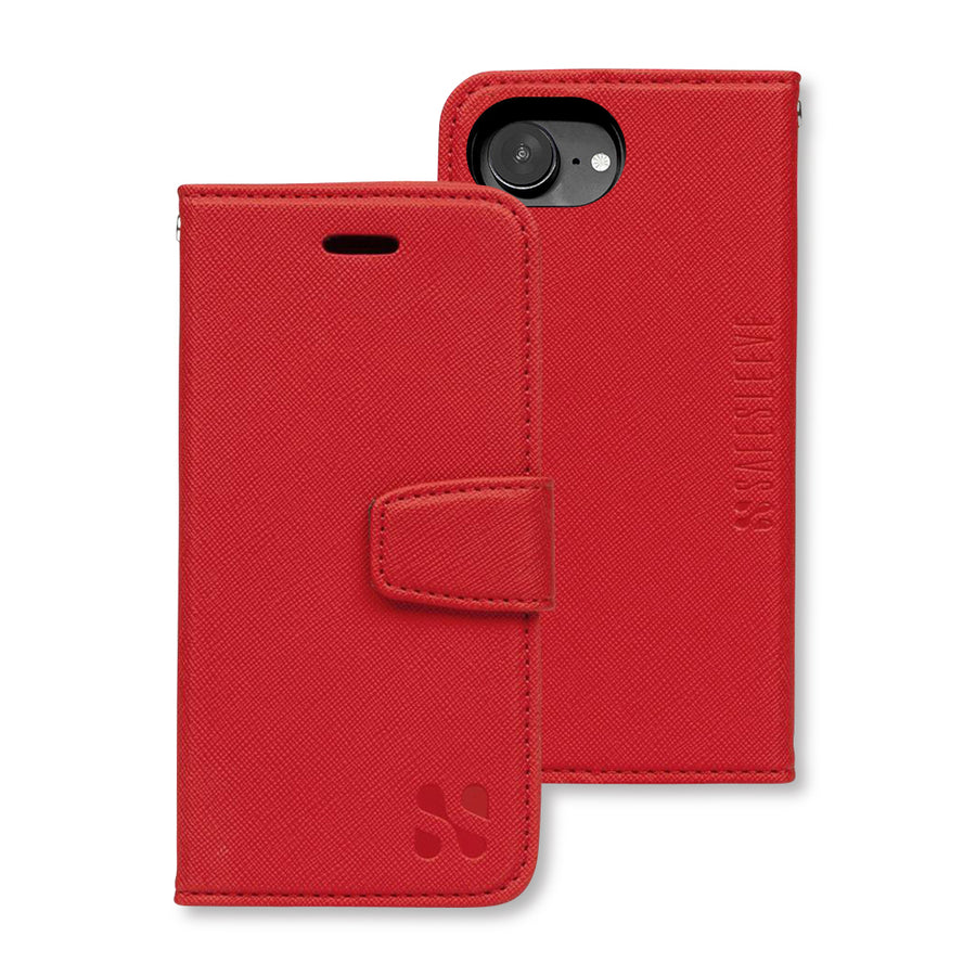 Red protective flip cover case for iPhone 16 series with RFID shielding and secure magnetic closure.