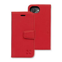 Red SafeSleeve case for iPhone 16 Series, featuring a front flap and camera cutout for protection and accessibility.