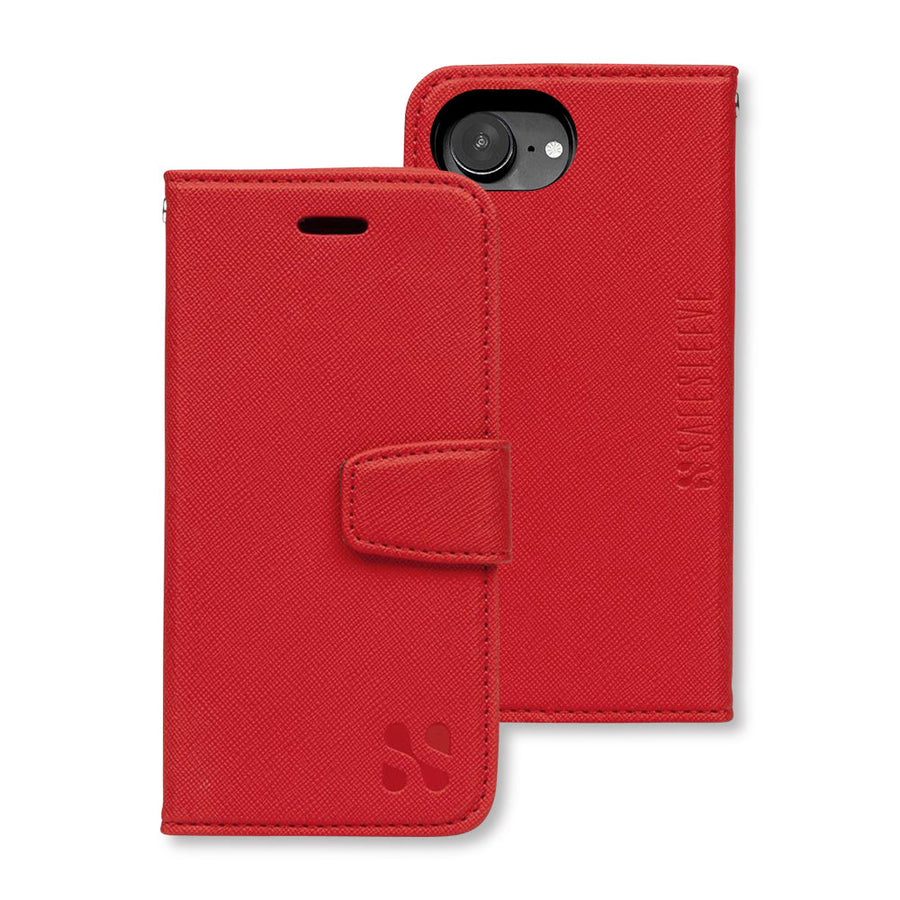 Red SafeSleeve case for iPhone 16 Series, featuring a front flap and camera cutout for protection and accessibility.