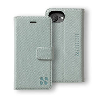 Light gray textured detachable phone case with a magnetic flap for iPhone 16 series, featuring the SafeSleeve logo.