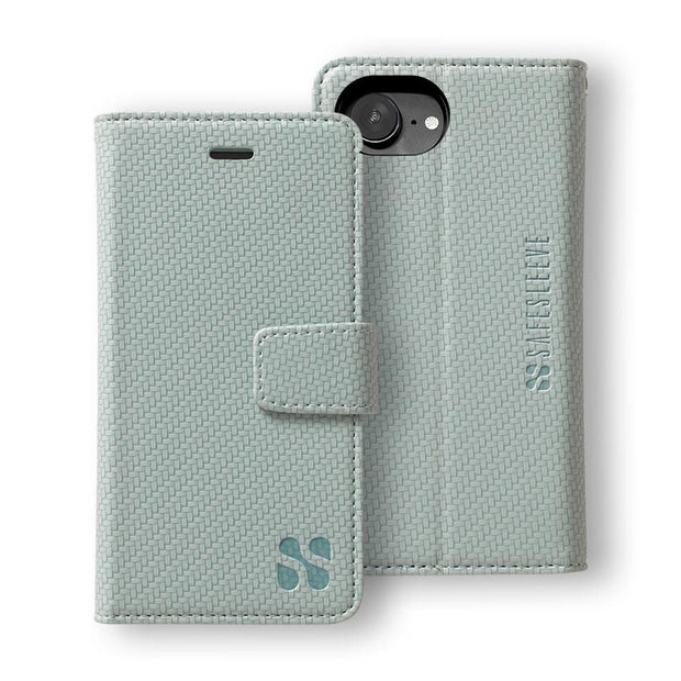 SafeSleeve Detachable case for iPhone 16 Series in light blue, featuring a textured design and secure closure.