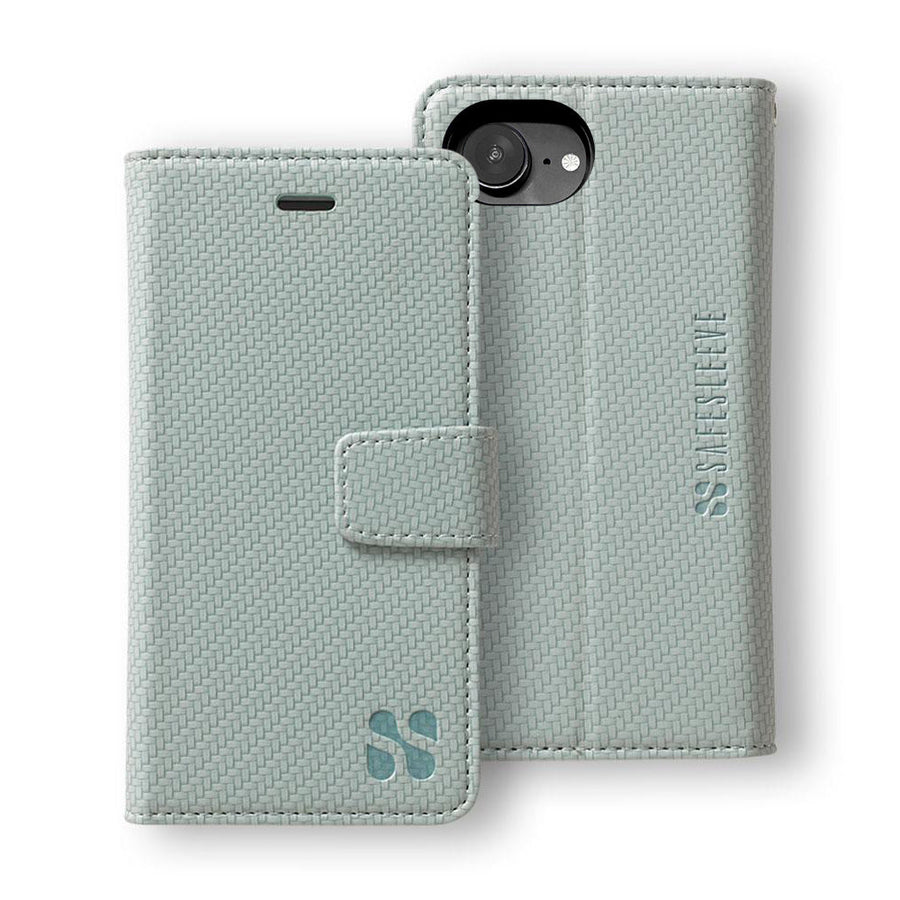 SafeSleeve Detachable case for iPhone 16 Series in light blue, featuring a textured design and secure closure.