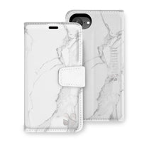 White marble-patterned detachable phone case for iPhone 16 series with a secure magnetic flip cover and protective back.