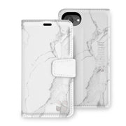 White marble-patterned detachable case for iPhone 16 series, featuring a secure closure and camera cutout.