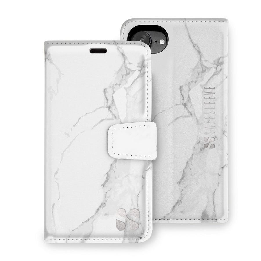 White marble-patterned detachable phone case for iPhone 16 series with a secure magnetic flip cover and protective back.