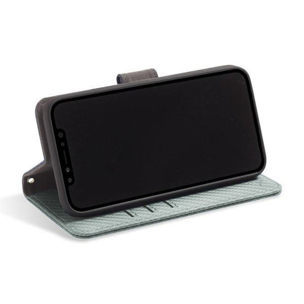 Grey iPhone 11 Pro RFID blocking wallet with convertible stand