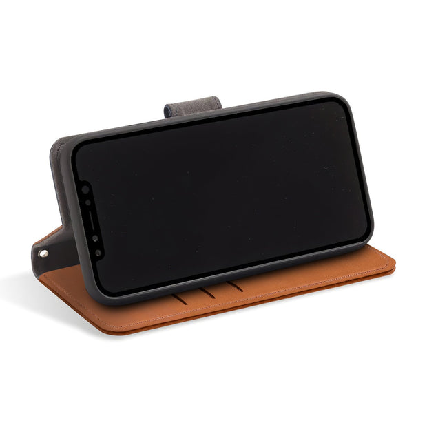 Brown RFID blocking iPhone X/Xs wallet with convertible stand