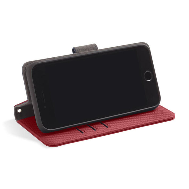 Red RFID blocking wallet with convertible stand