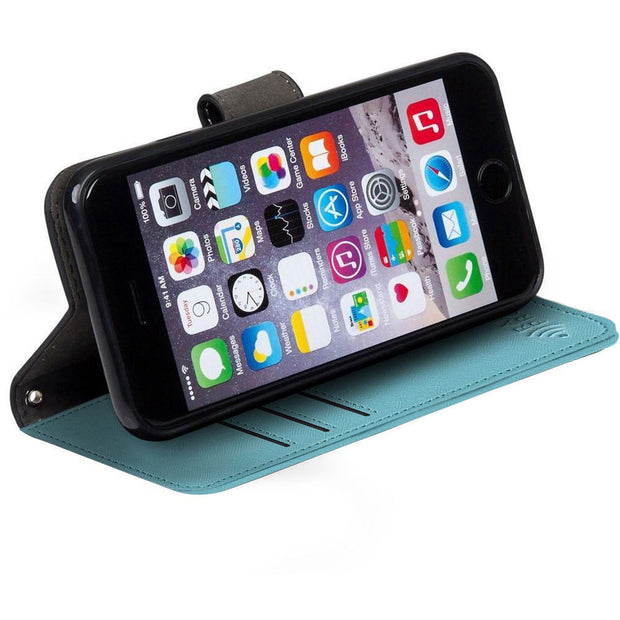 turquoise iPhone 6 Plus, 7 Plus & 8 Plus RFID blocking wallet with stand