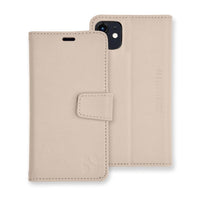 Beige iPhone 11 RFID blocking wallet with convertible stand