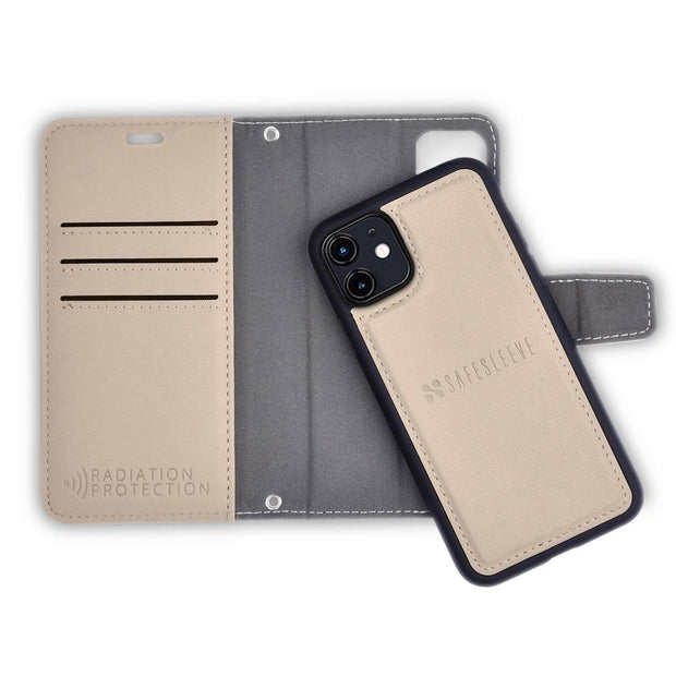 Beige iPhone 11 RFID blocking wallet with convertible stand
