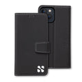 Black leather SafeSleeve phone case with white stitching and logo, designed for iPhone 14 series, featuring a flip cover and card slot.