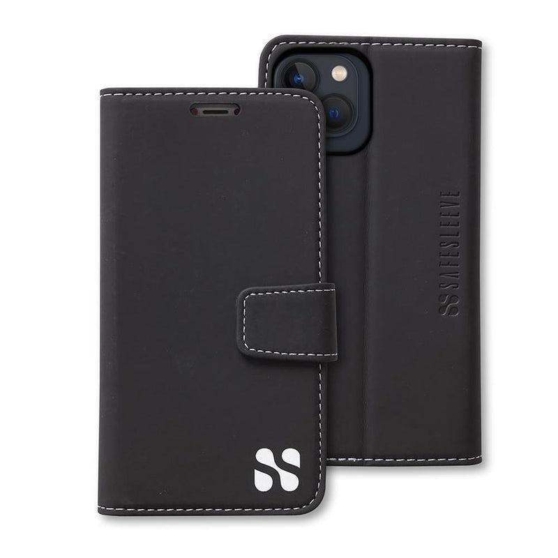 Black leather SafeSleeve phone case with white stitching and logo, designed for iPhone 14 series, featuring a flip cover and card slot.